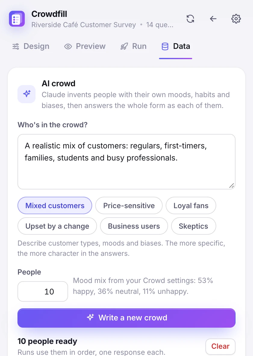The AI crowd card, with a description of the customers to write and presets such as price-sensitive, loyal fans and skeptics