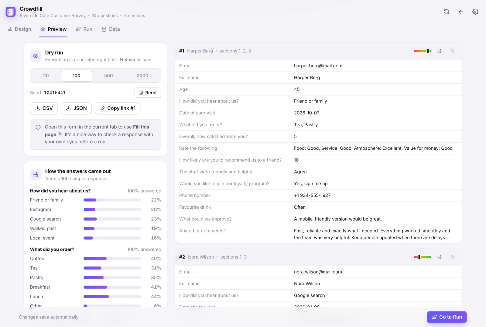 The Crowdfill Preview tab in a full browser tab: the share of each answer on the left, and complete sample responses on the right