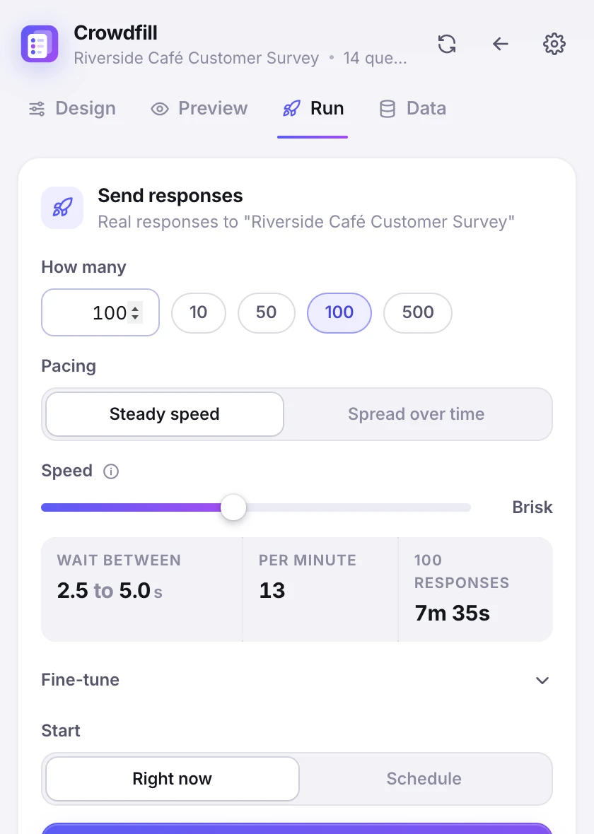 The Run tab with the number of responses, a speed slider, and the wait time, responses per minute and total duration underneath