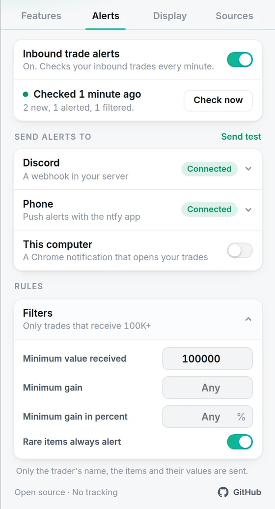 The RoLens popup Alerts tab with Discord and phone connected and a minimum value filter